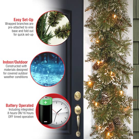 6' x 10" Pre-lit Glittery Bristle® Pine Artificial Christmas Garland with Cones & 50 Battery Operated Soft White LED Lights